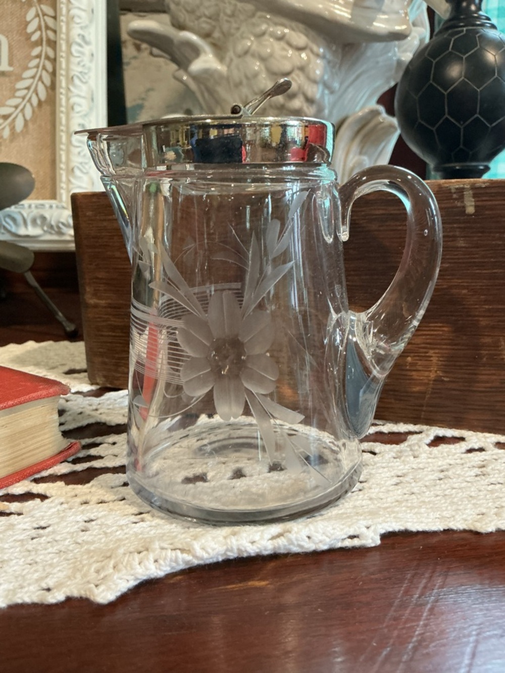 Vintage Glass  Etched Flower Glass Syrup Pitcher